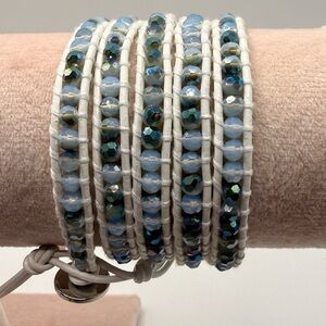 Victoria Emerson 5‑Wrap Bracelet – Iridescent Ocean‎ Crystals on White Cord